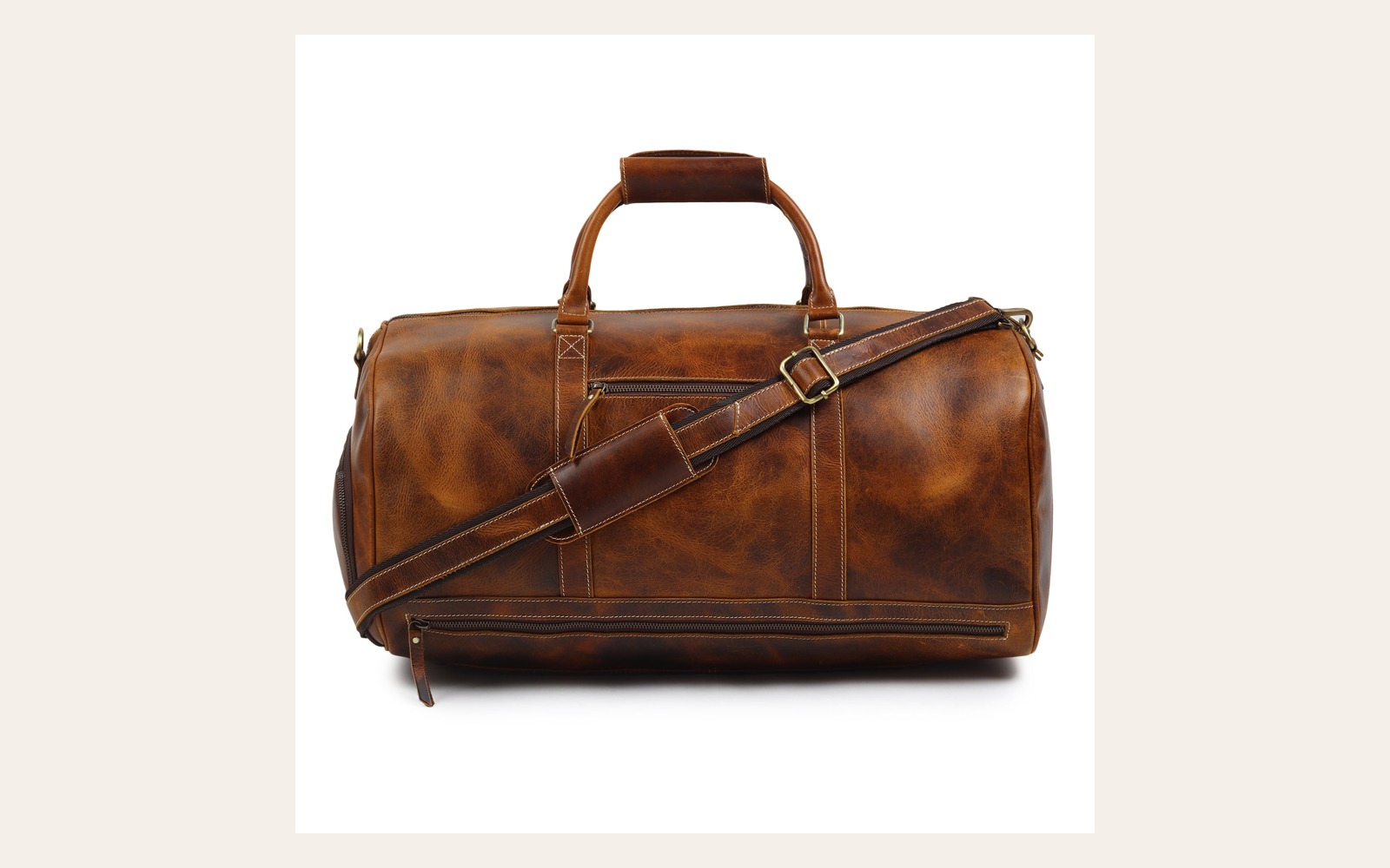 Brown leather weekender duffel bag
